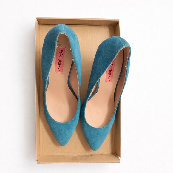 Betsey Johnson Teal Blue Suede Pumps Pink Sole Heels Size 8.5 - Picture 8 of 9